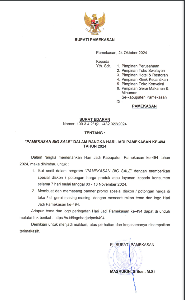 Surat Edaran Bupati Pamekasan Tentang Pamekasan Big Sale